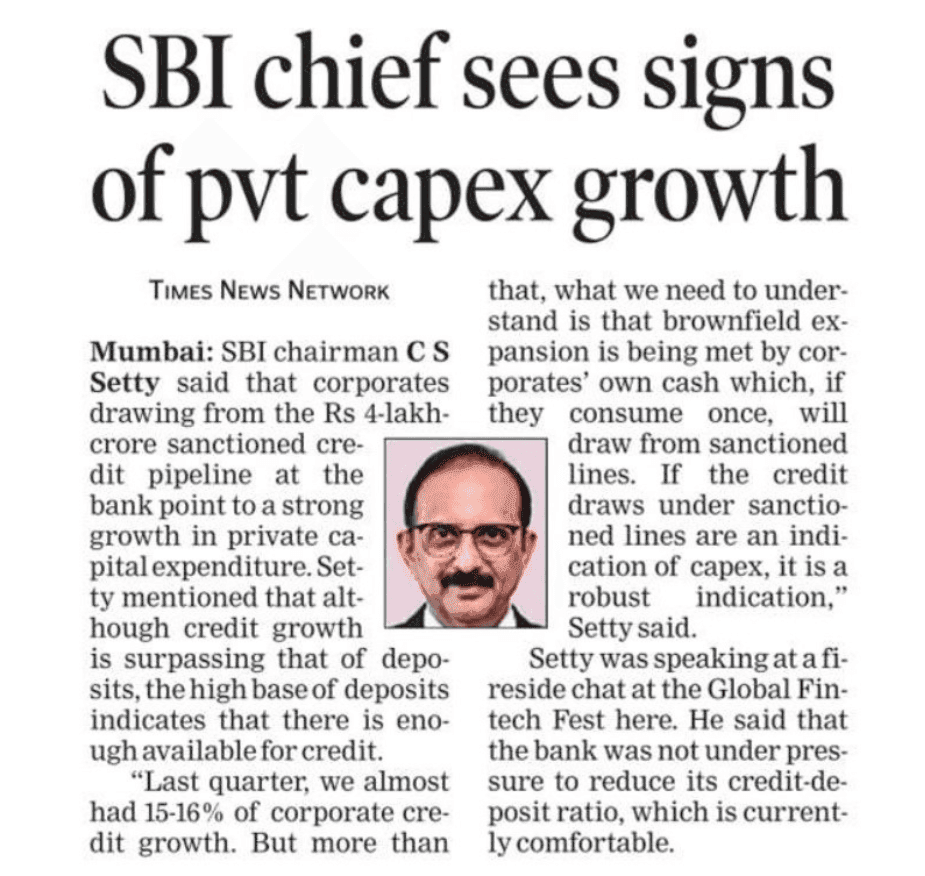 SBI chief sees signs of pvt capex growth